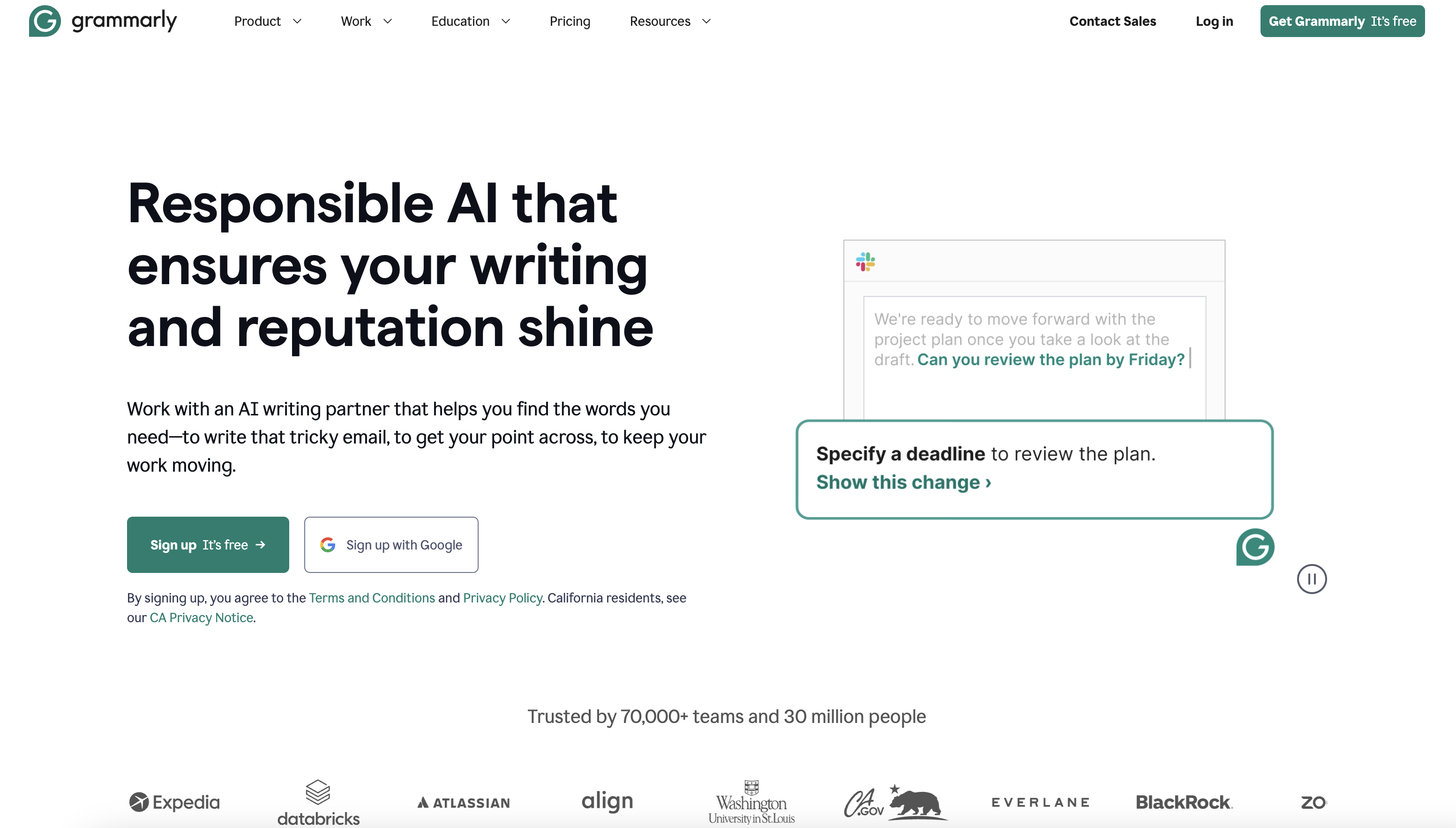 Smodin’s screenshot of the Grammarly homepage. 